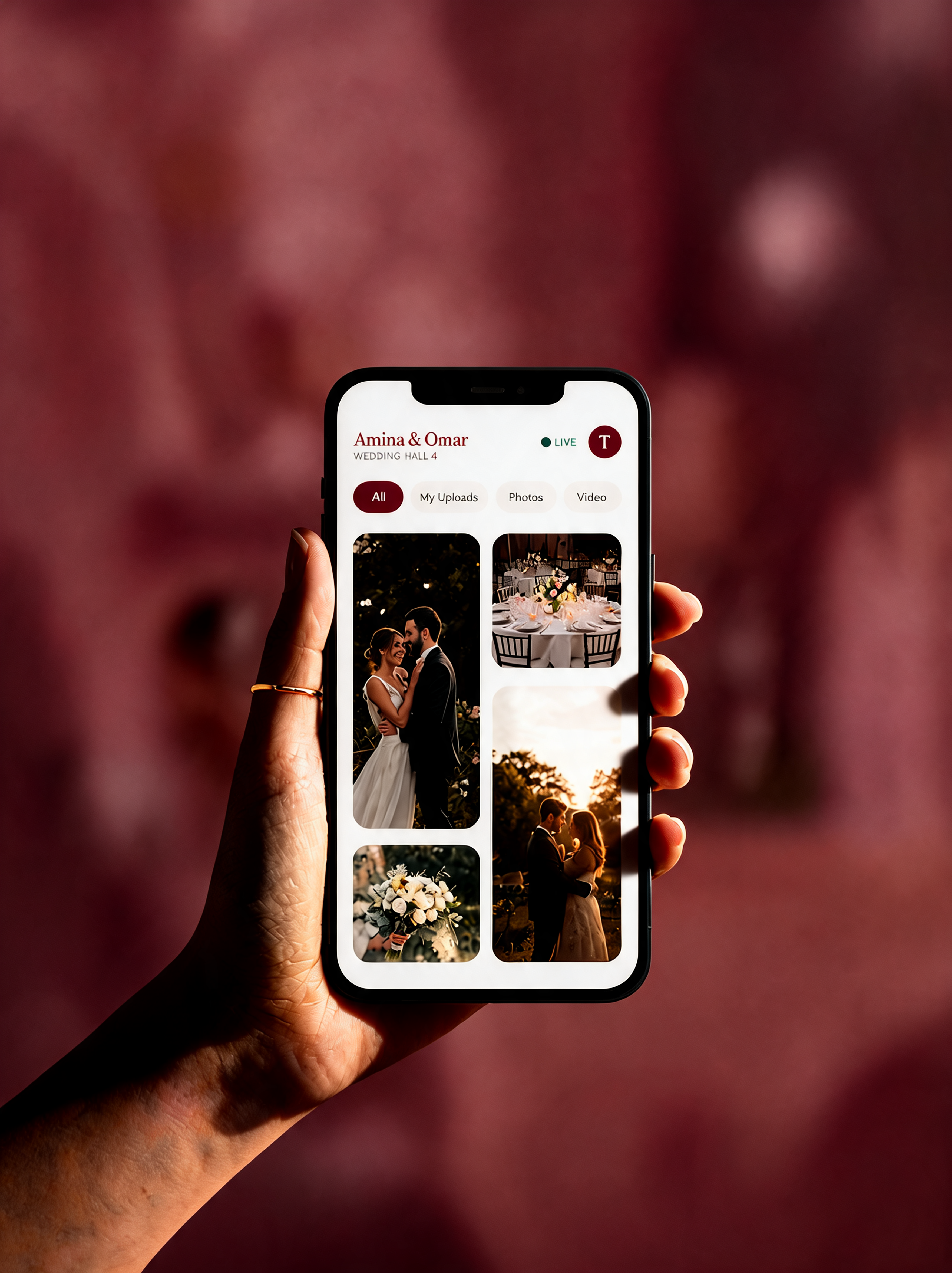 A hand holding a phone showing the gallery filling with wedding photos